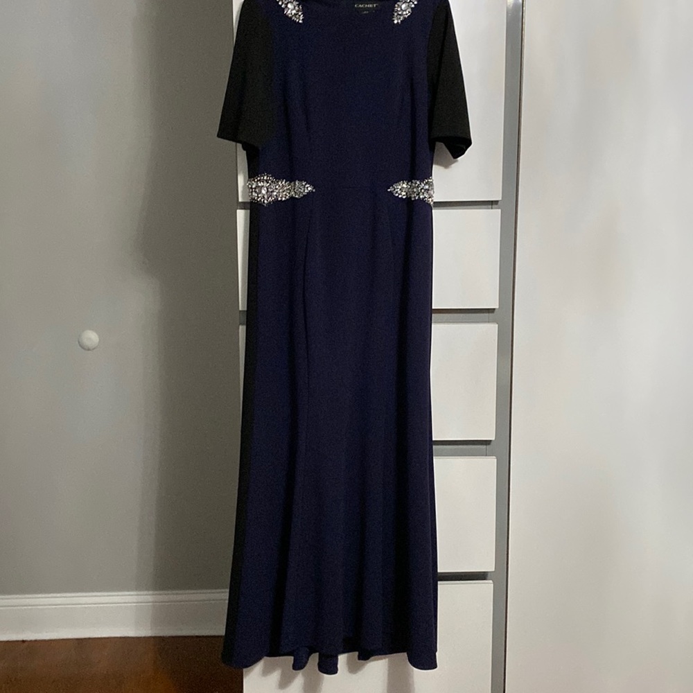 Navy blue evening dress with black strip and stones